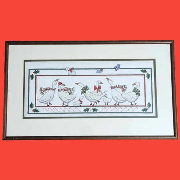 Vintage Cross Stitch Framed 8 Geese Gathering Christmas Holiday Blue Bird Holly - Picture 1 of 11